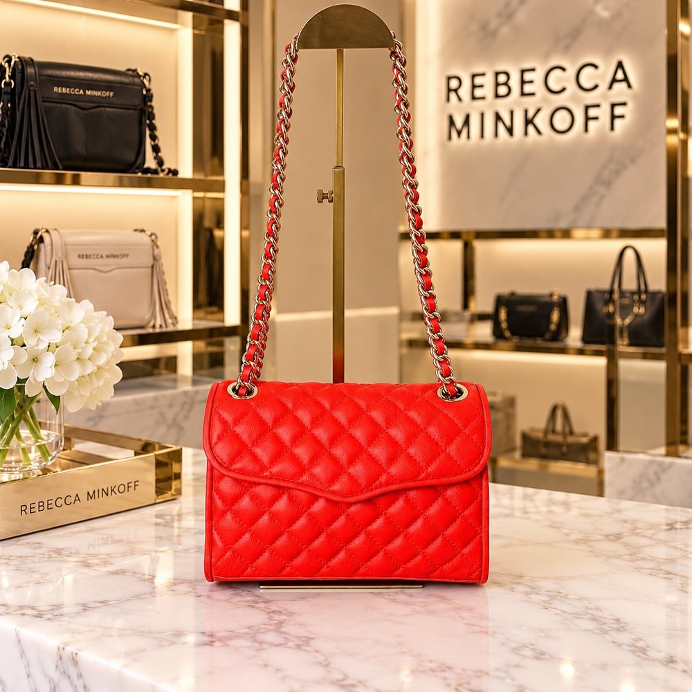 Rebecca Minkoff Quilted Affair Shoulder Bag Neon Red Leather Silver Chain